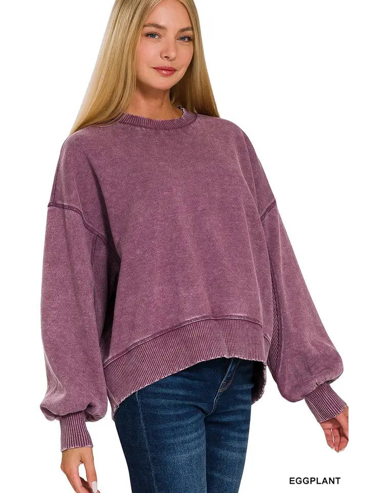 Irene Acid Washed Pullover in Eggplant