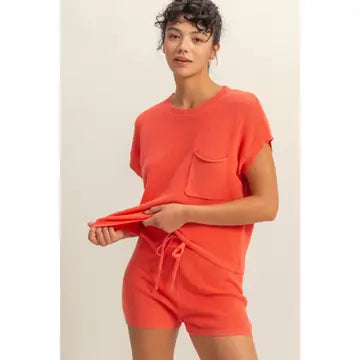 Short Sleeve Sweater and Short Set in Coral