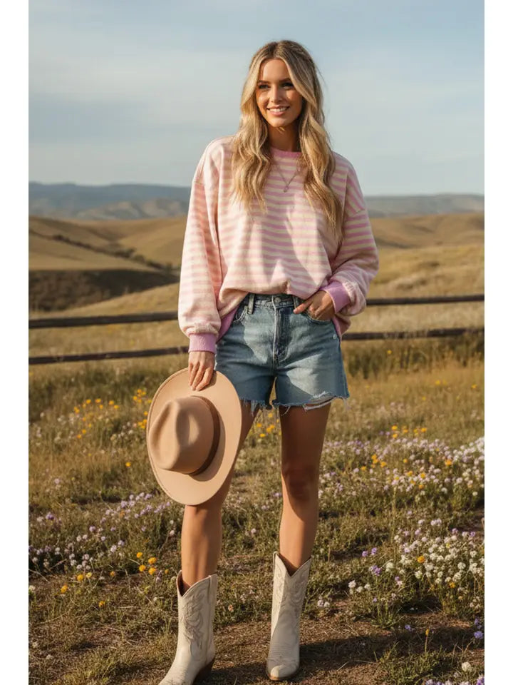 Charlotte Striped Crew neck in Cream/ Pink