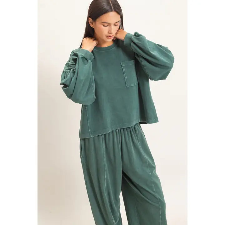 Katie Mineral Wash Puff Sleeve Top in Dark Green