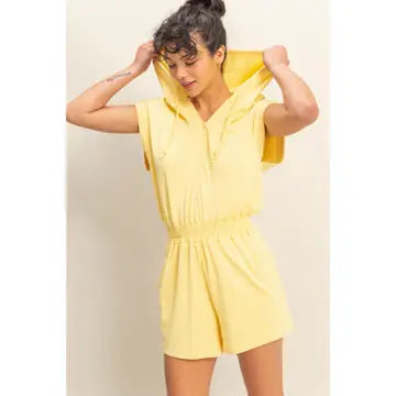 Half Zip Hooded Romper in Creamy Yellow