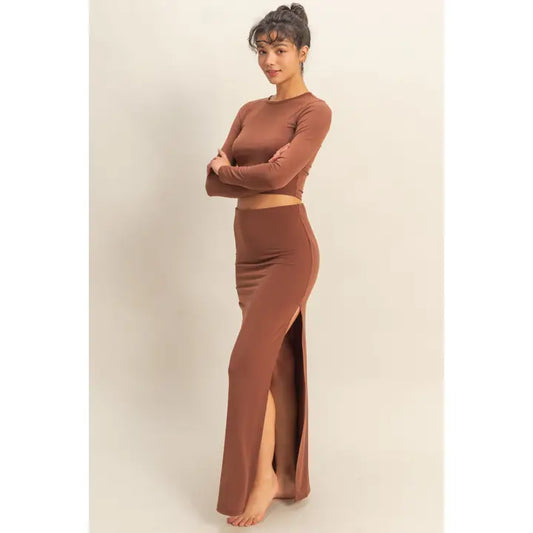 Cropped Two Piece Skirt Set in Chestnut
