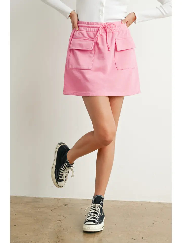Sutton Mineral Washed Front Pocket Skirt in Hot Pink