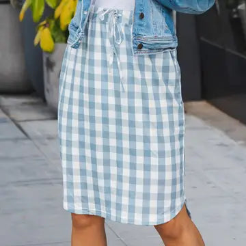 Gingham Drawstring Split Hem Skirt in Blue