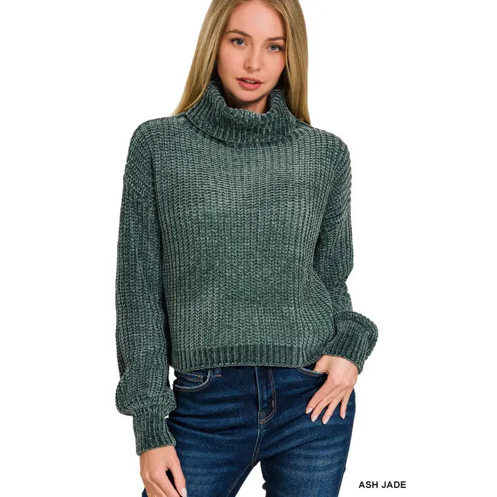 Chenille Turtleneck Sweater in Ash Jade