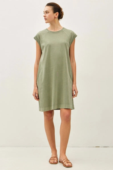 Garment Washed Casual Capped Sleeve Jersey Dress- Dusty Olive