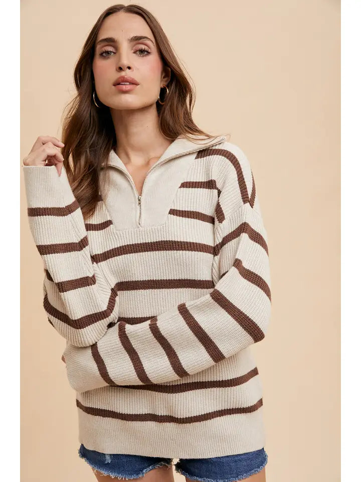 Harlo Striped Half Zip in Latte