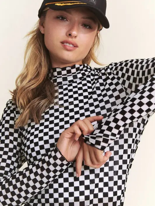 Checkered Mesh Top with Mock Neck