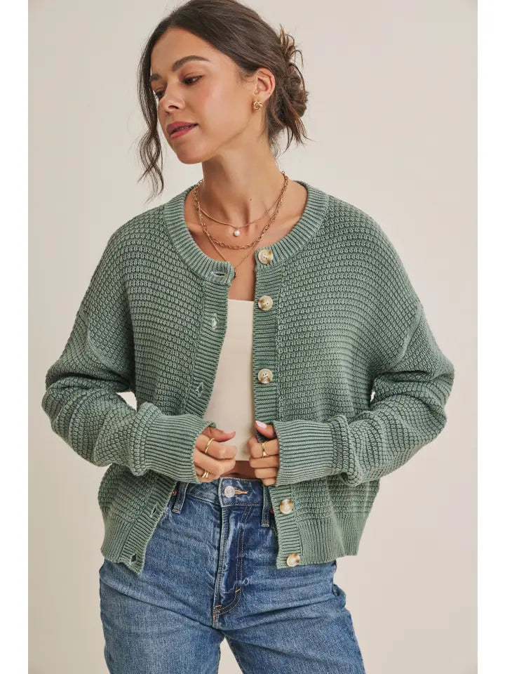 Carmen Waffle Cardigan in Dusty Green