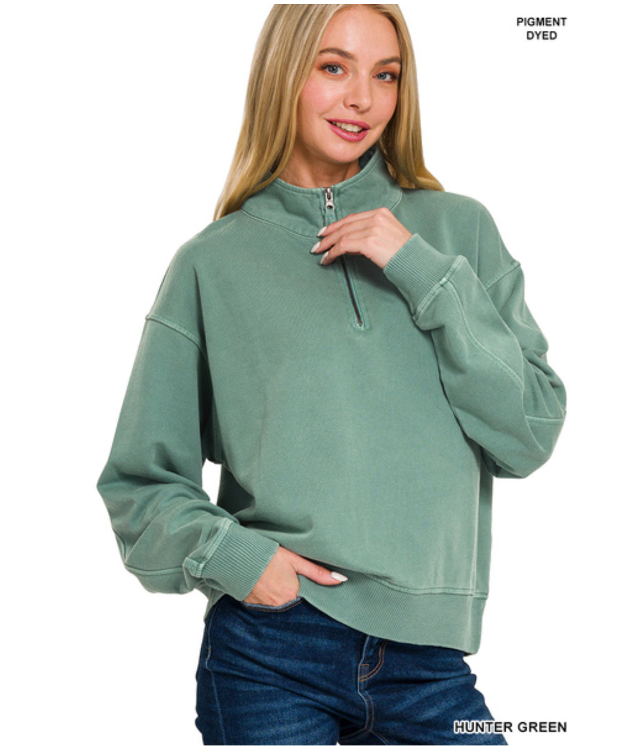 Emmie Pigment Dyed Pullover in Hunter Green