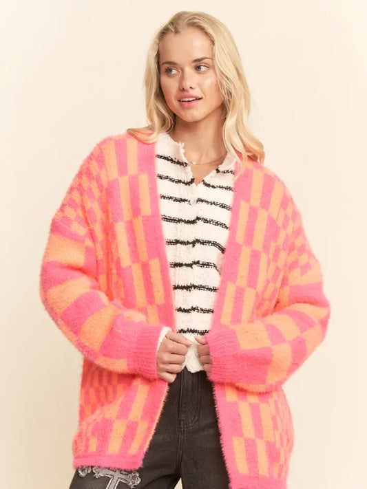 Ellie Checkerboard Cardigan in Pink