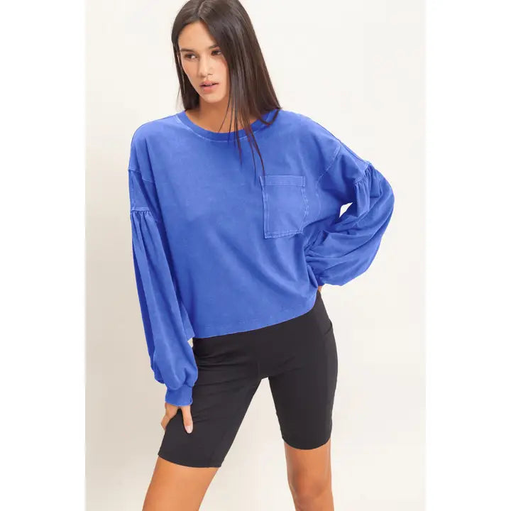 Katie Mineral Wash Puff Sleeve Top in Cobalt