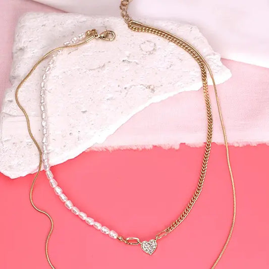 Layered Pearl & Heart Necklace
