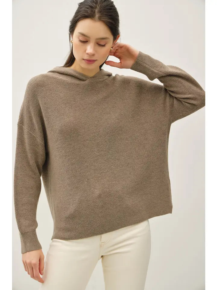 Wool Blend Boxy Fit Ribbed Knit Hoodie Sweater Brown