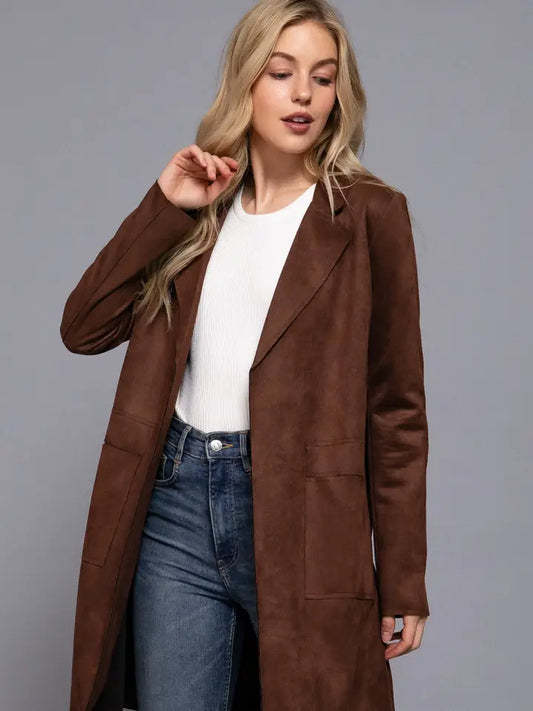 Faux Suede Jacket in Dark Brown