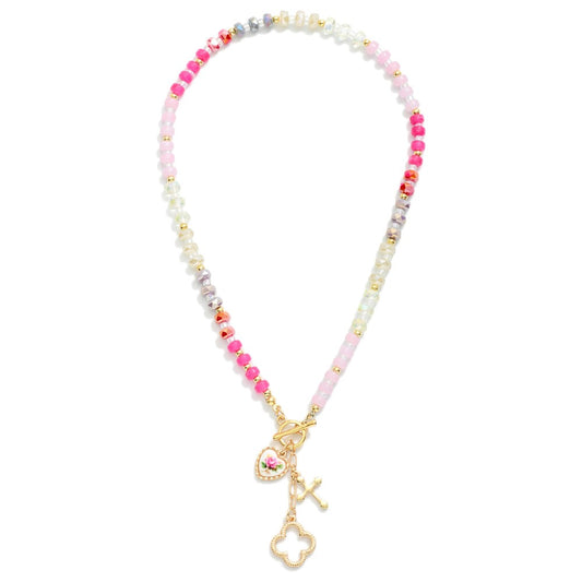 Pink Beaded Clover Charm Necklace