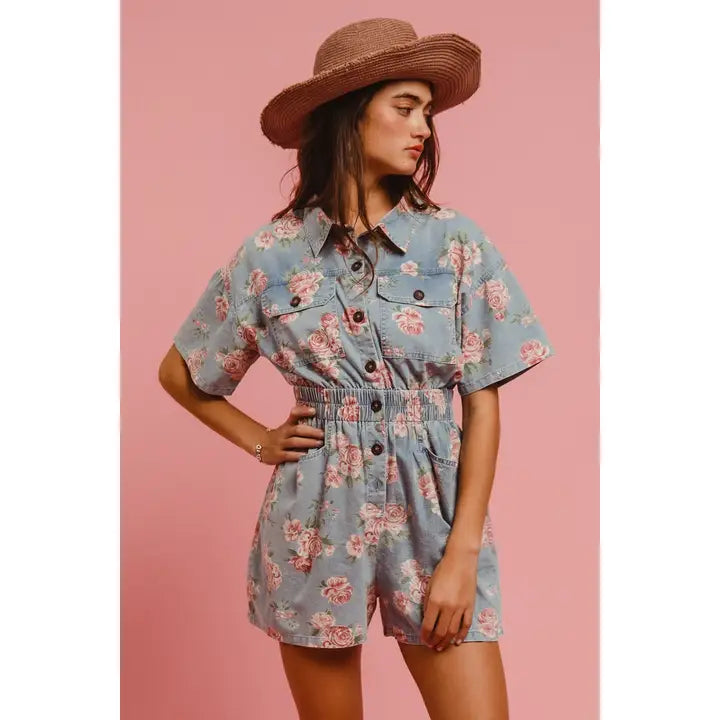 Caroline Floral Denim Romper