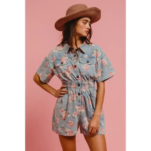 Caroline Floral Denim Romper