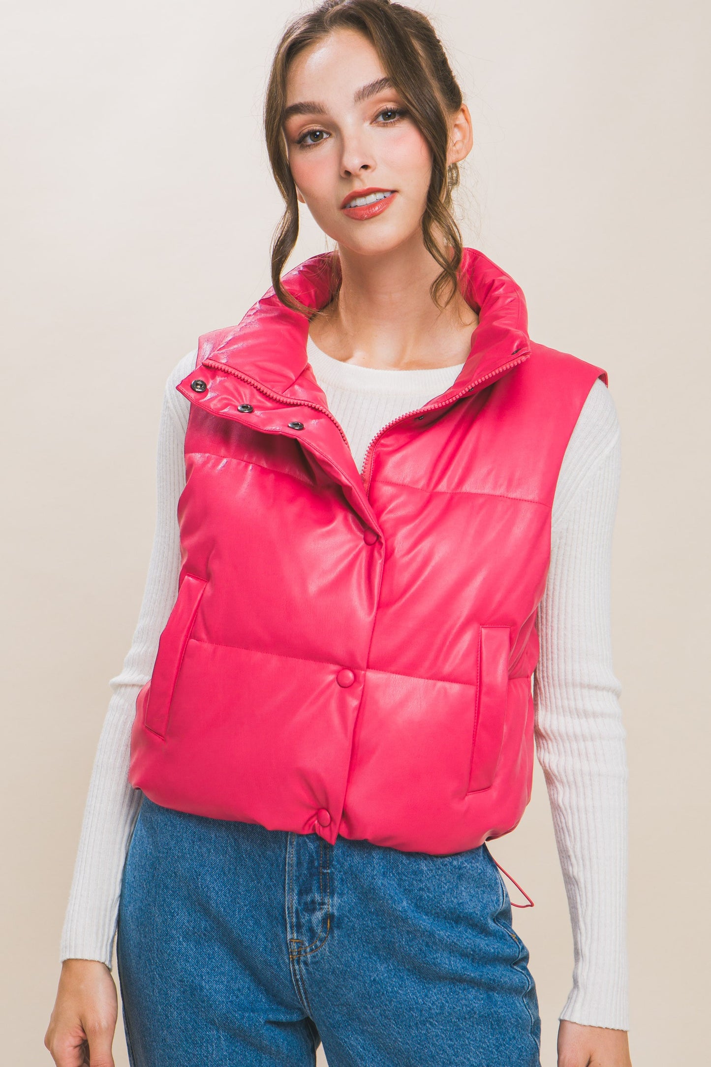 Faux Leather Padded Vest in Fuchsia