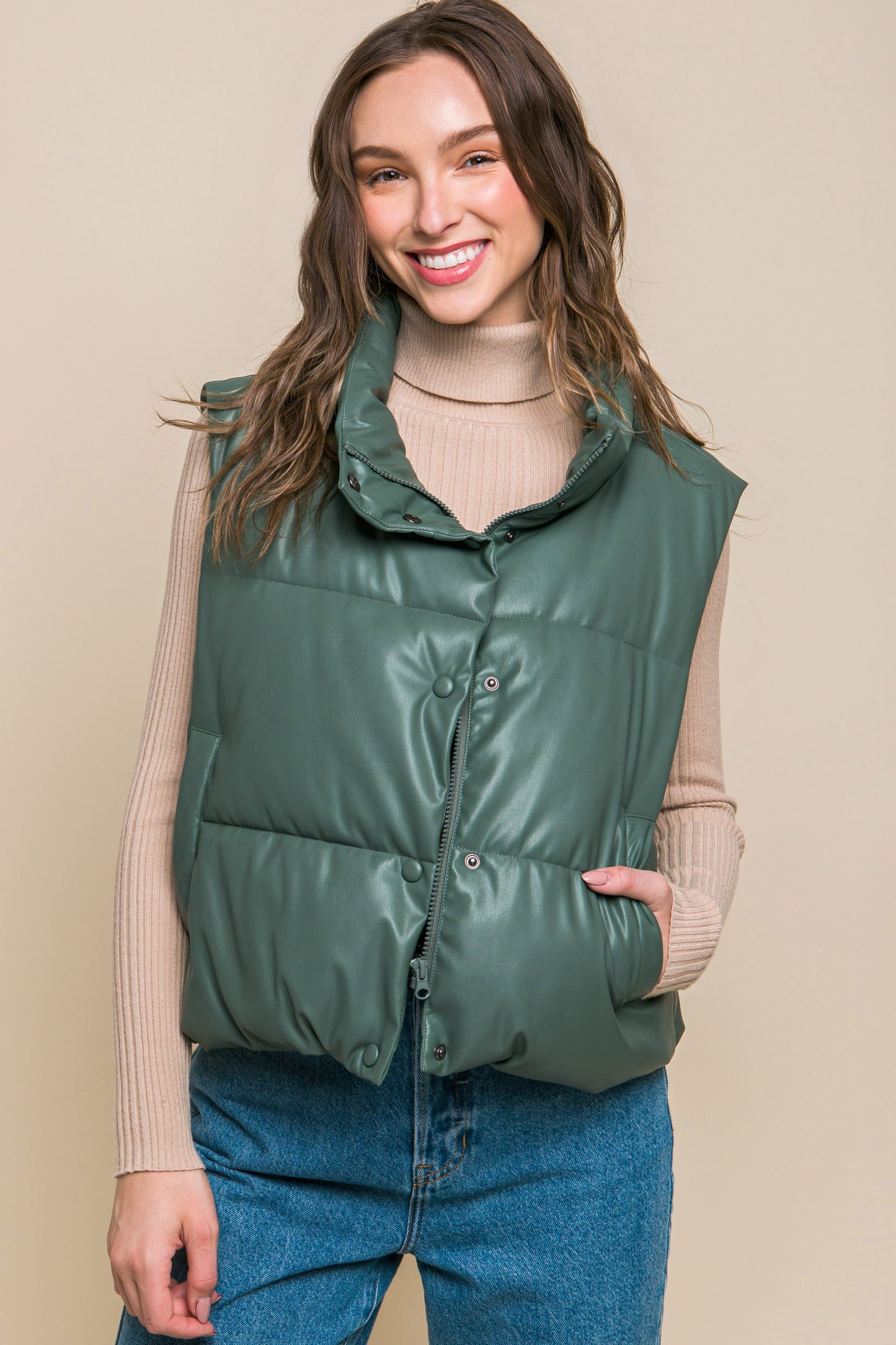 Faux Leather Padded Vest in Green