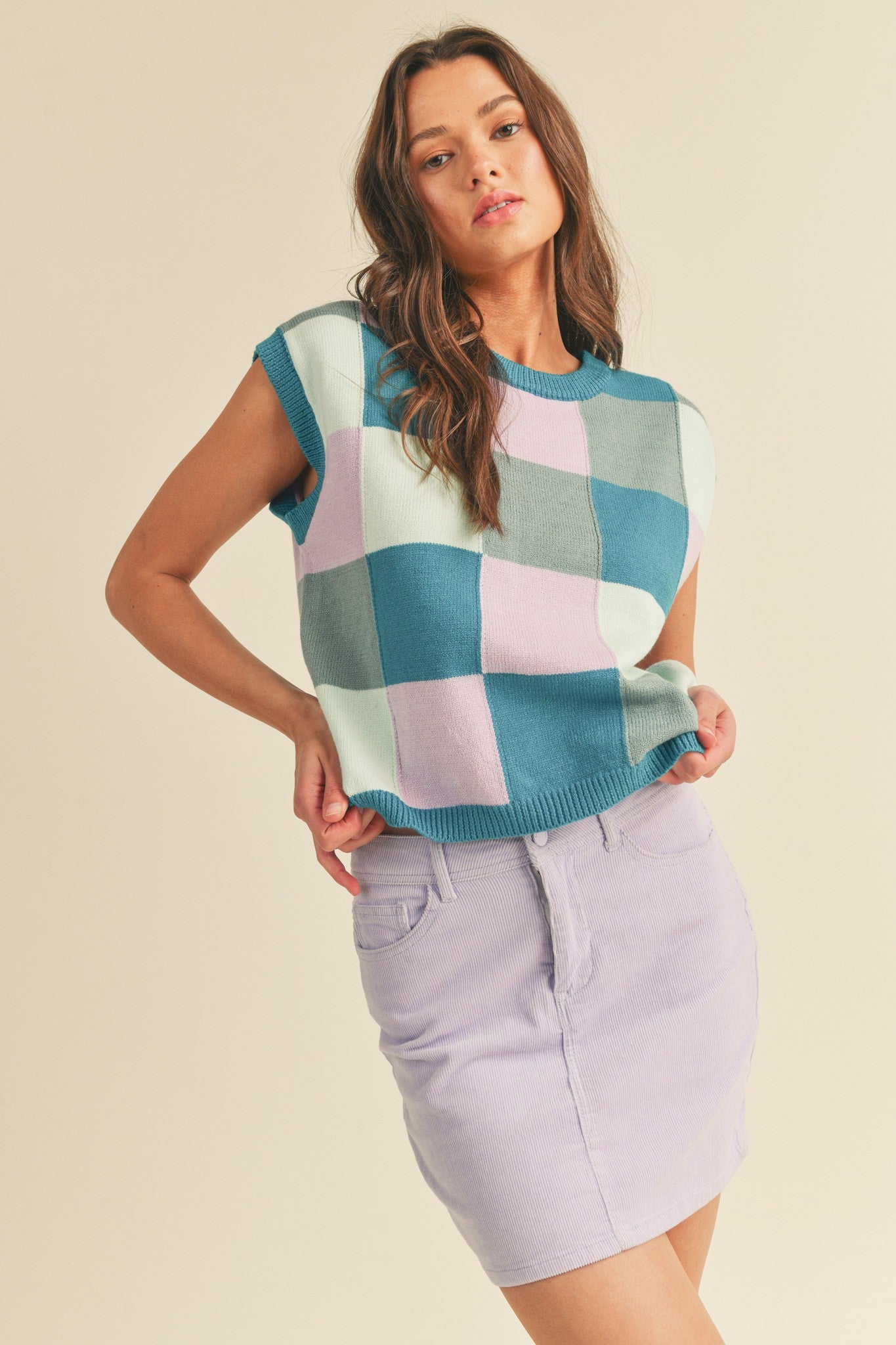 Checker Sweater Vest in Teal