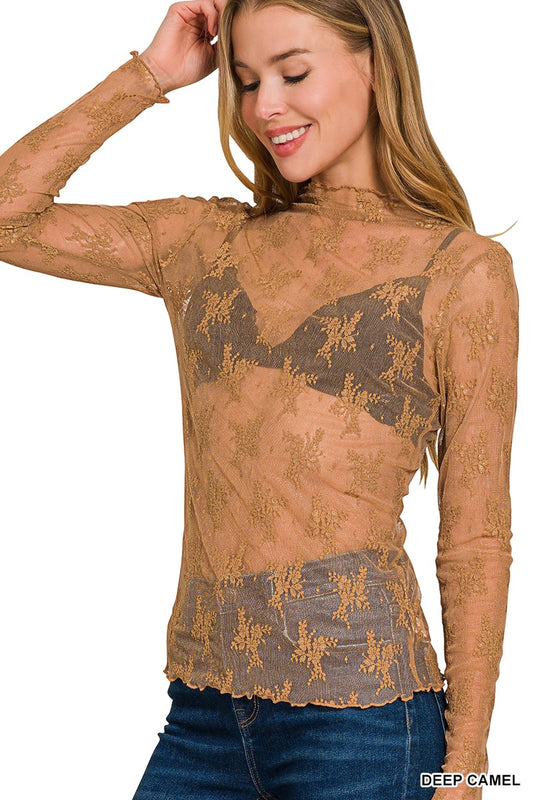 Lace Mesh Top in Deep Camel
