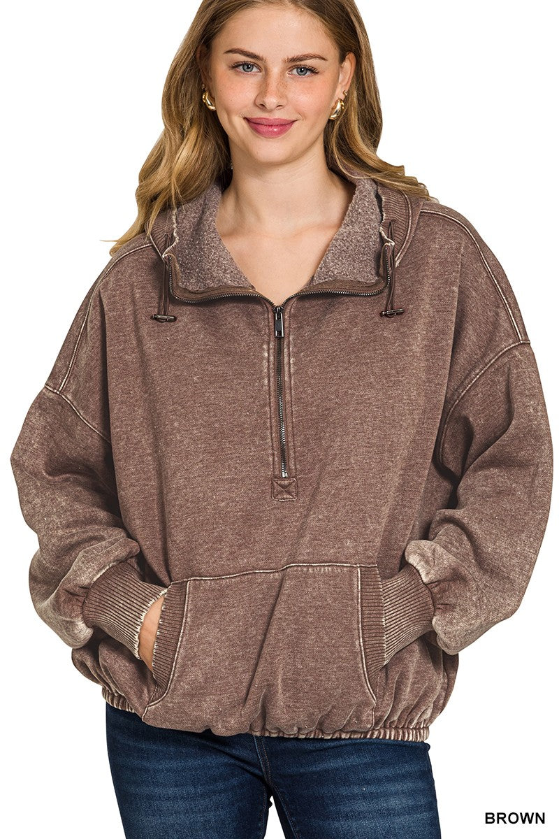 Willow Washed Half Zip Hoodie in Brown