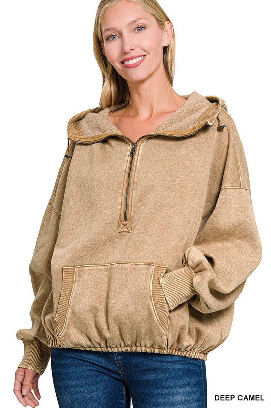 Willow Washed Half Zip Hoodie in Deep Camel