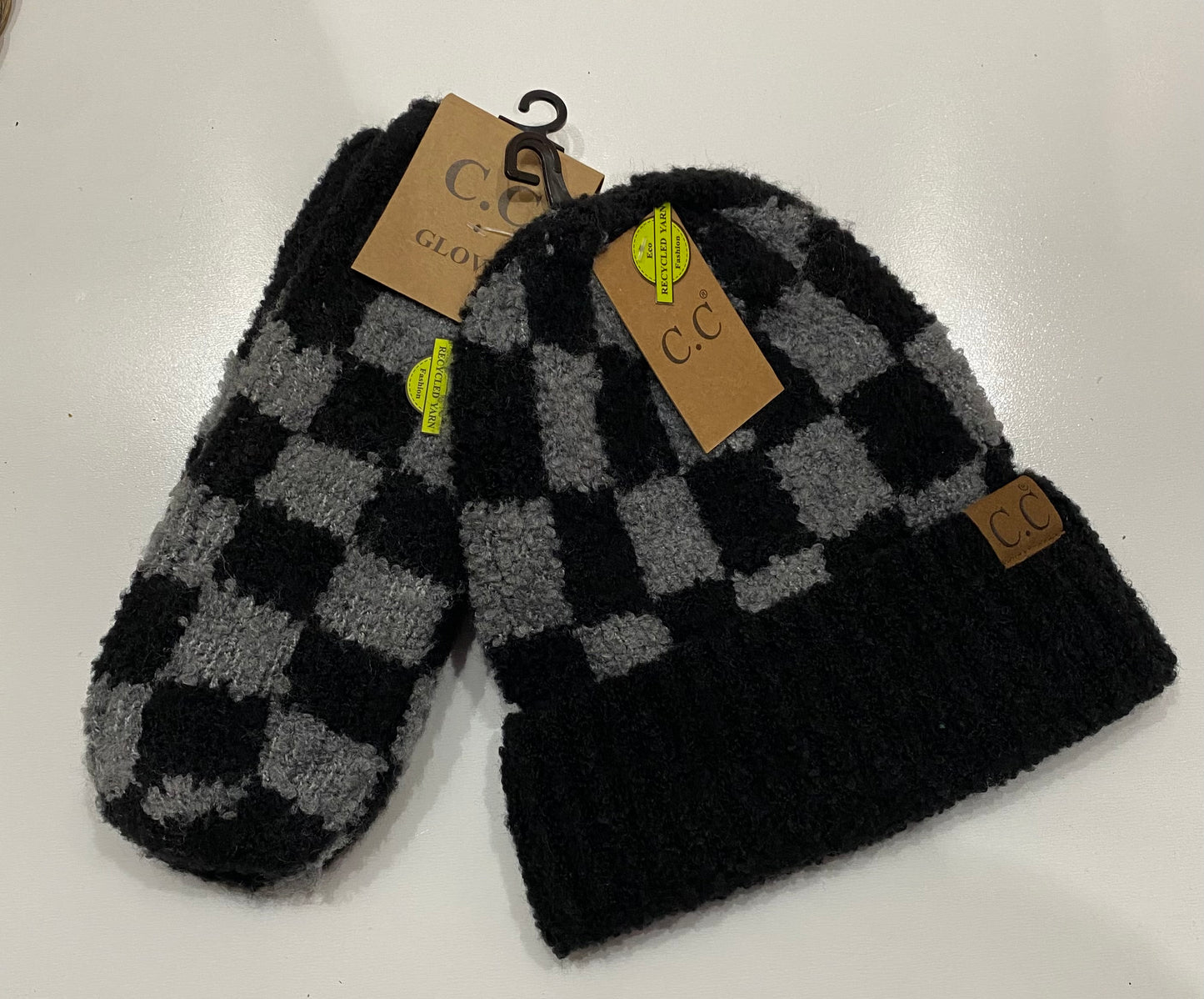 Checkered Beanie and Mitten Set