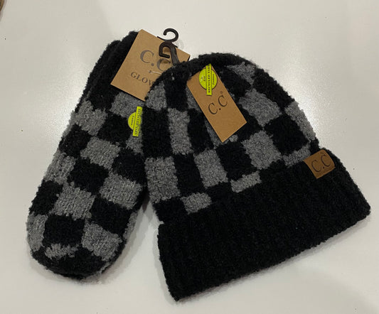 Checkered Beanie and Mitten Set