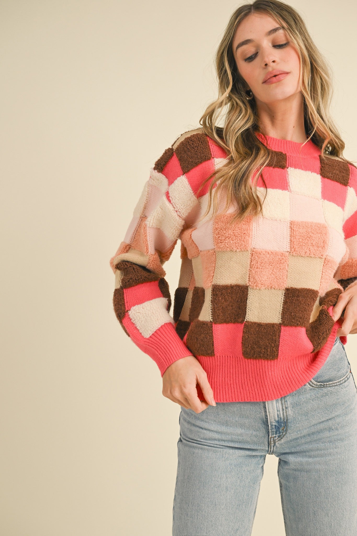 Coral Check Sweater