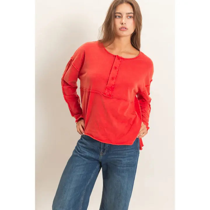 Henley Oversized Top in Red