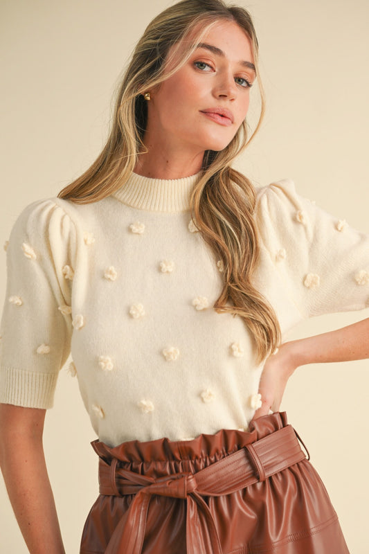 Flora Knit Short Sleeve Sweater in Ivory