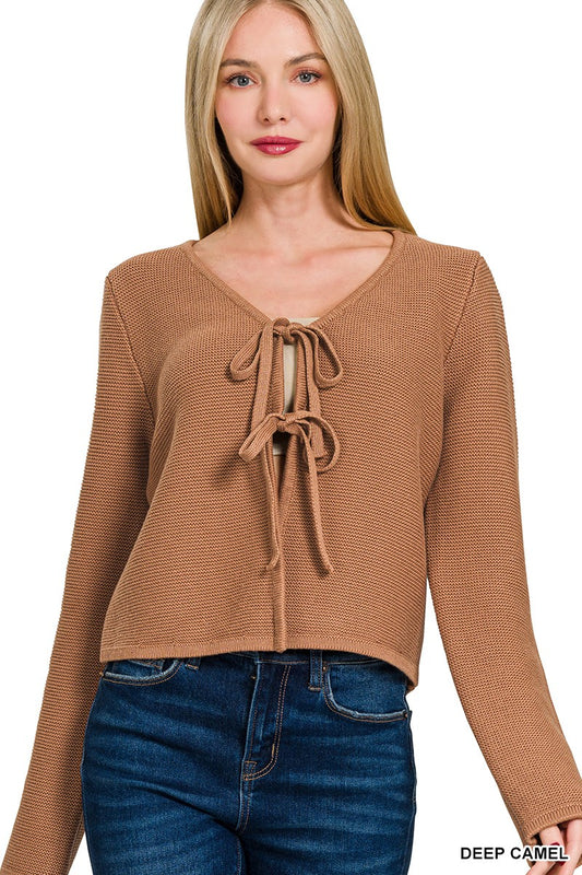 Baylee Tie Front L.S Vest in Deep Camel