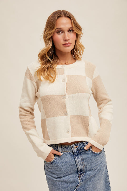 Grace Checker Print Cardigan in Taupe