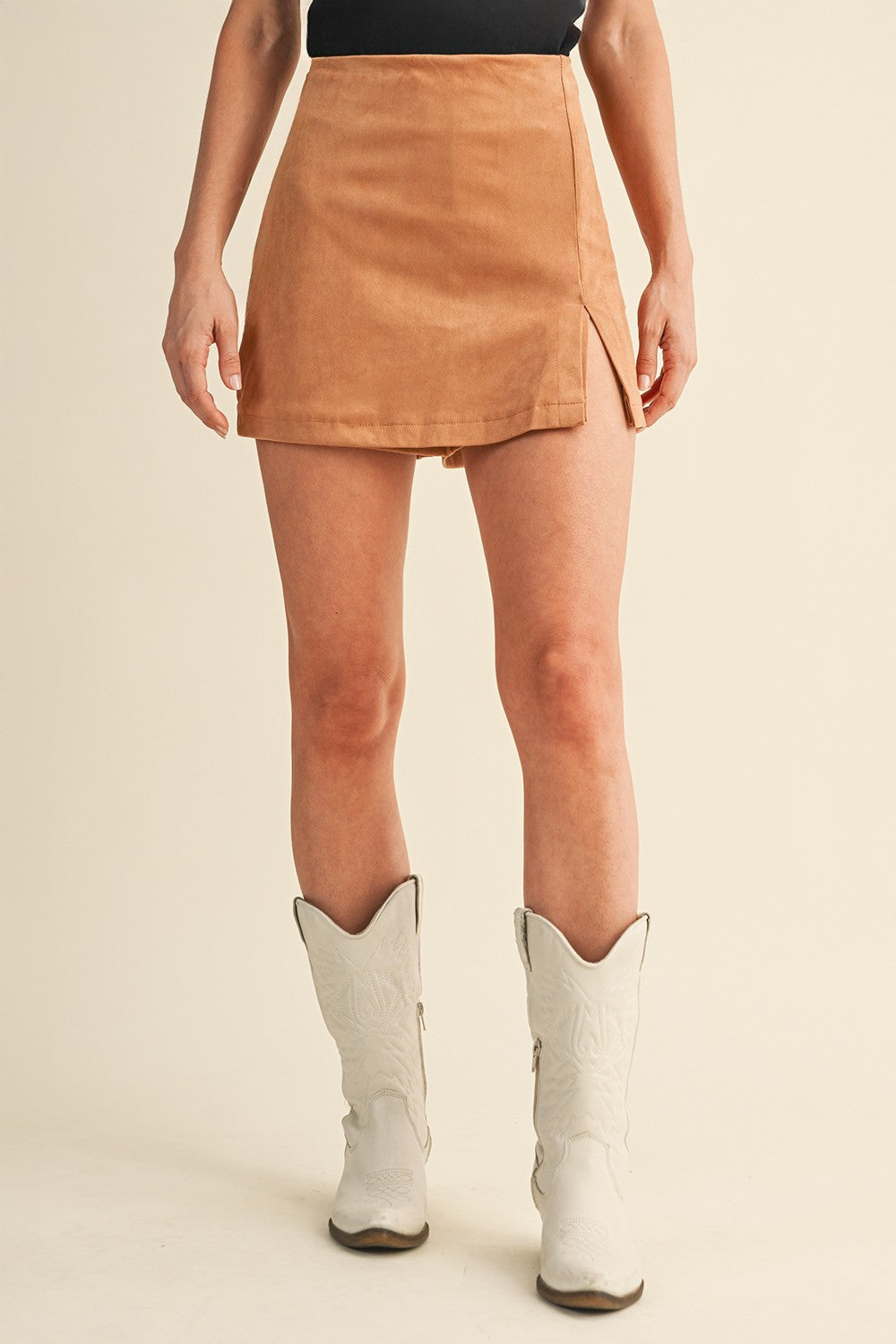 Lucy Faux Leather Skort in Camel