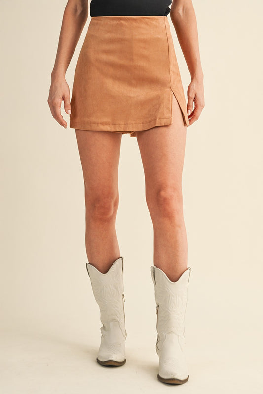 Lucy Faux Leather Skort in Camel