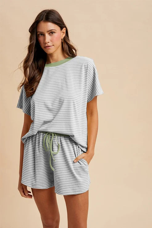 Nicole Striped Set in Grey/ Olive