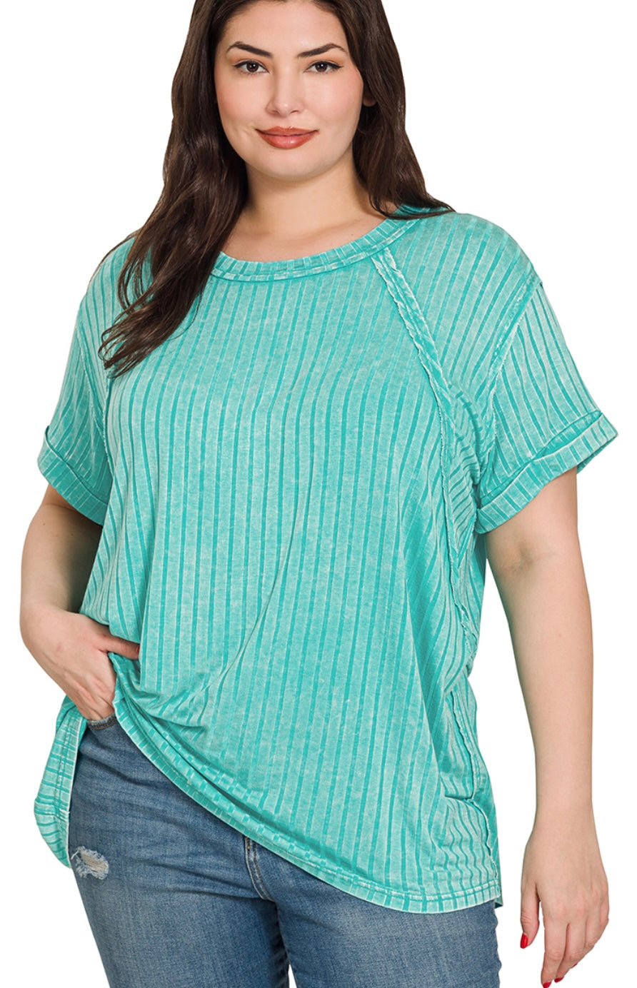 Emily Acid Washed Ribbed Top Curvy Turquoise