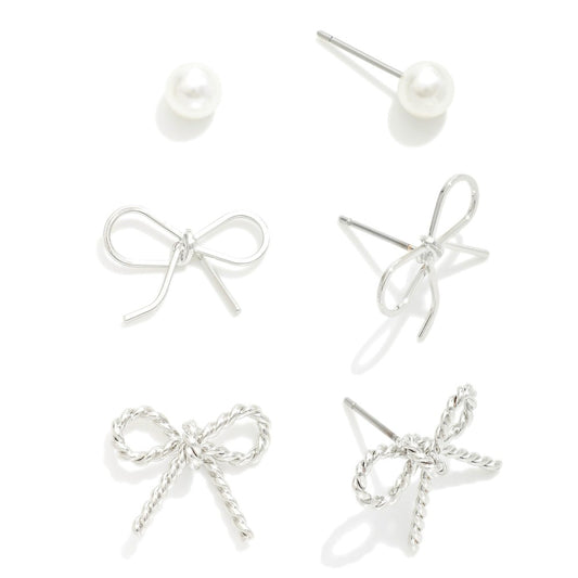 3pc Silver Bow Earring Set