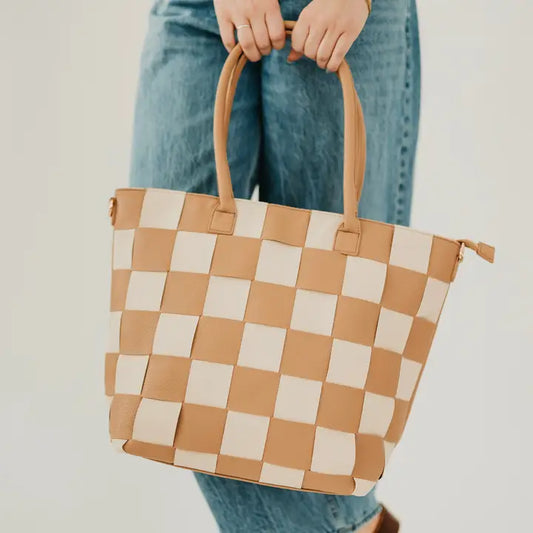 Courtney Checkered Tote in Tan