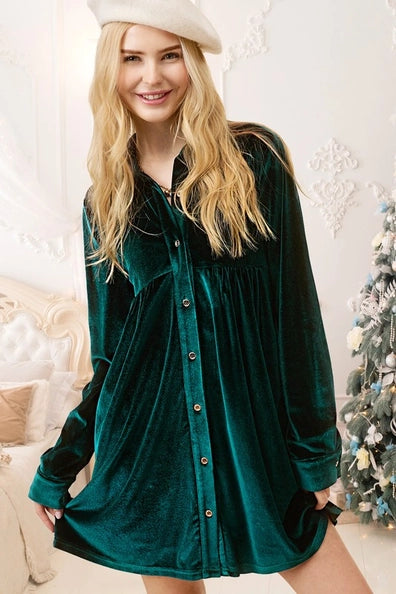 Peyton Velvet Button Down Dress in Emerald