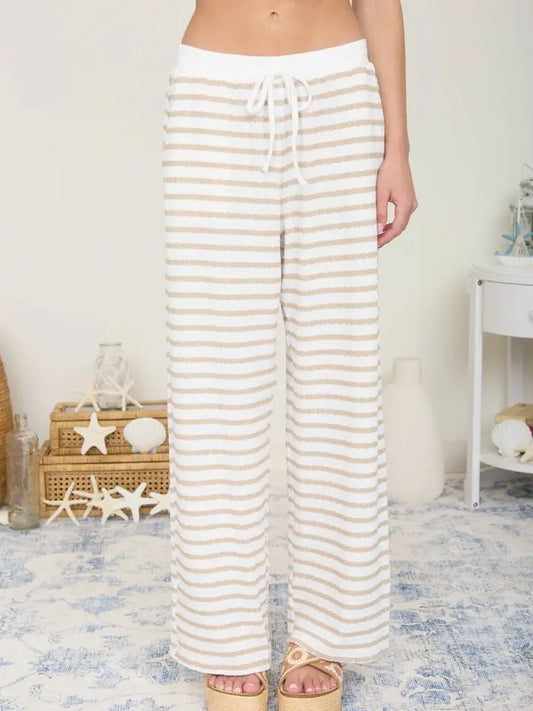 Textured Stripe Drawstring Wide Leg Pant - Khaki