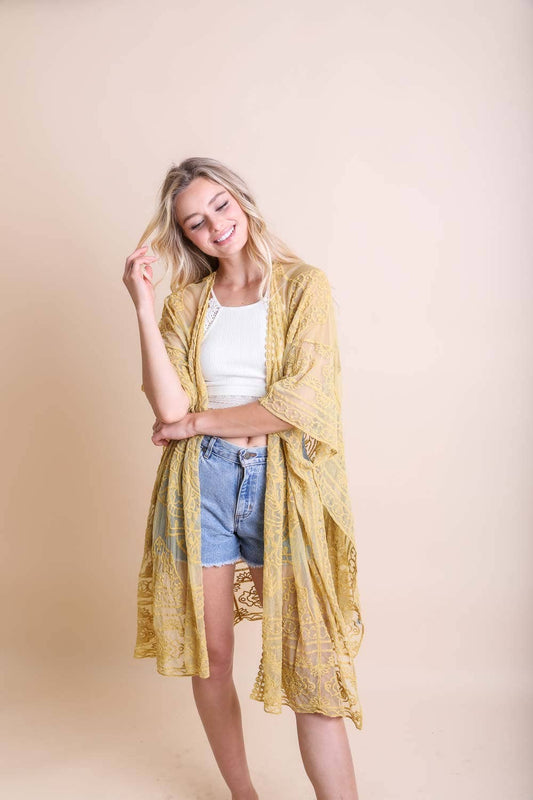 Floral Mandala Embroidered Mesh Kimono in Mustard