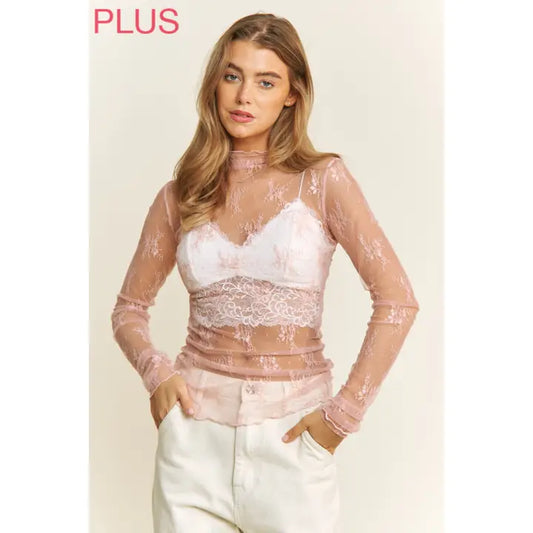 PLUS Lace Mesh Top in Pink