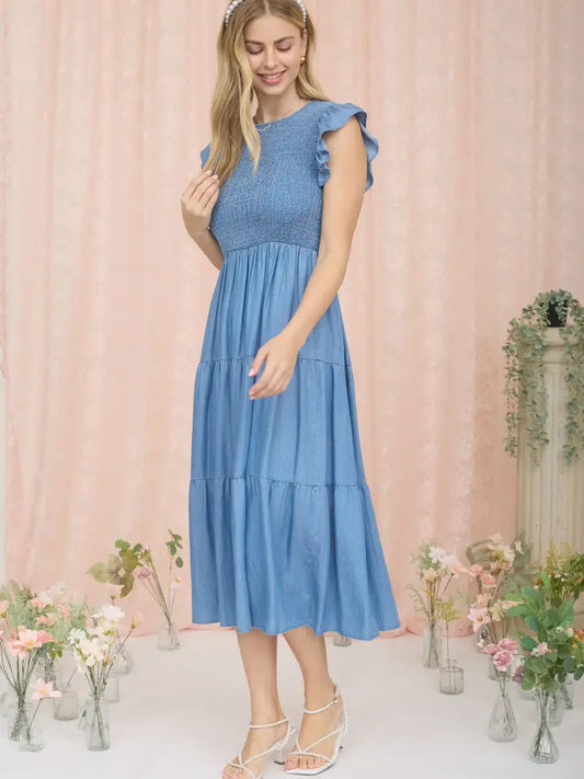 Tiered Smocked Short Sleeve Midi Dress- Chambray