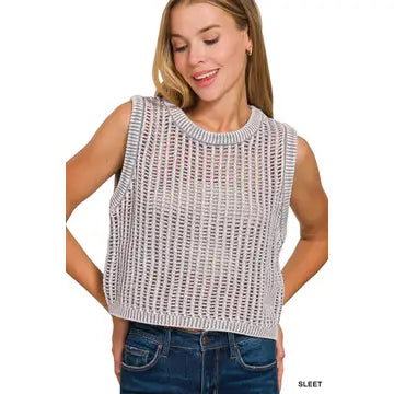 Maylee Acid Washed Crochet Top in Sleet
