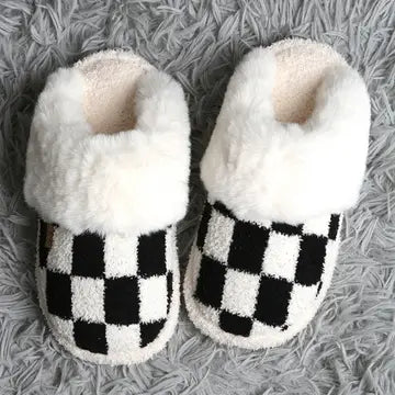 Checker Fur Slippers Black FINAL SALE