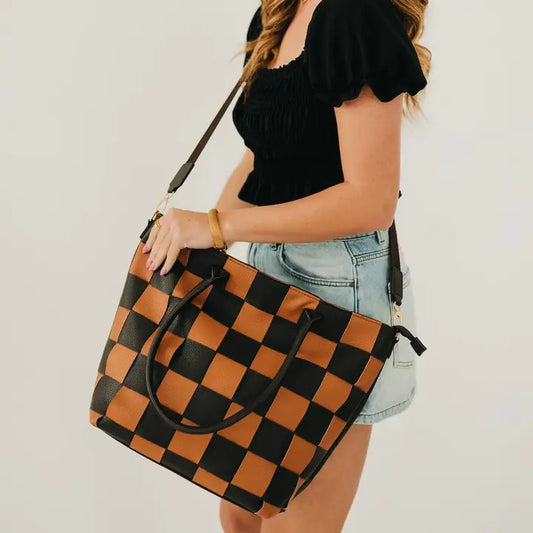 Courtney Checkered Tote in Coffee