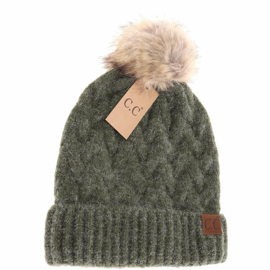 Chunky Braided Cable Knit Beanie in Olive